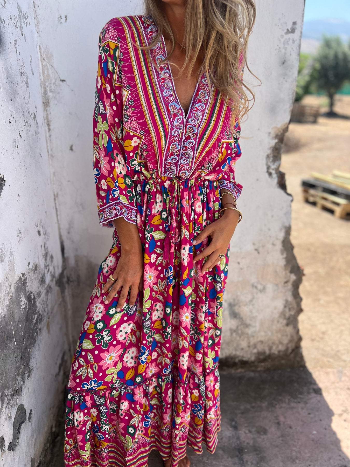 V-neck Retro Printed Long Dress