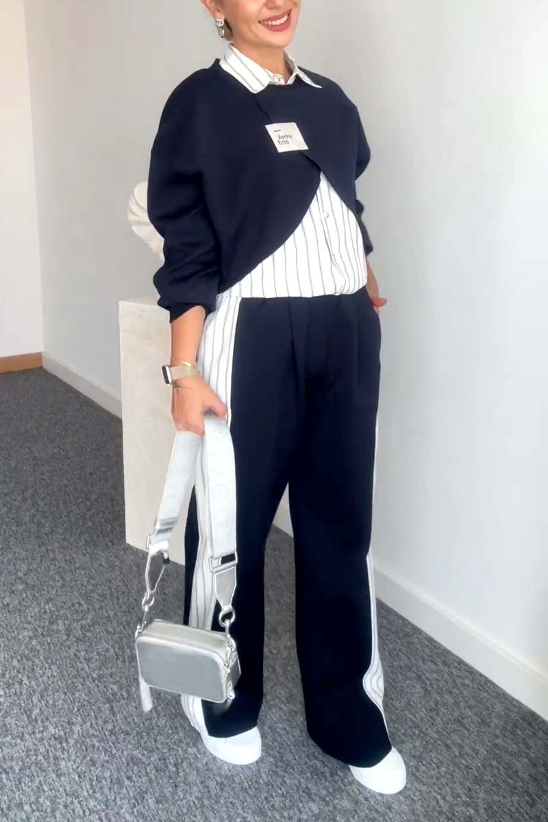 Women's striped shirt, short sweatshirt two-piece top and wide-leg pants three-piece set