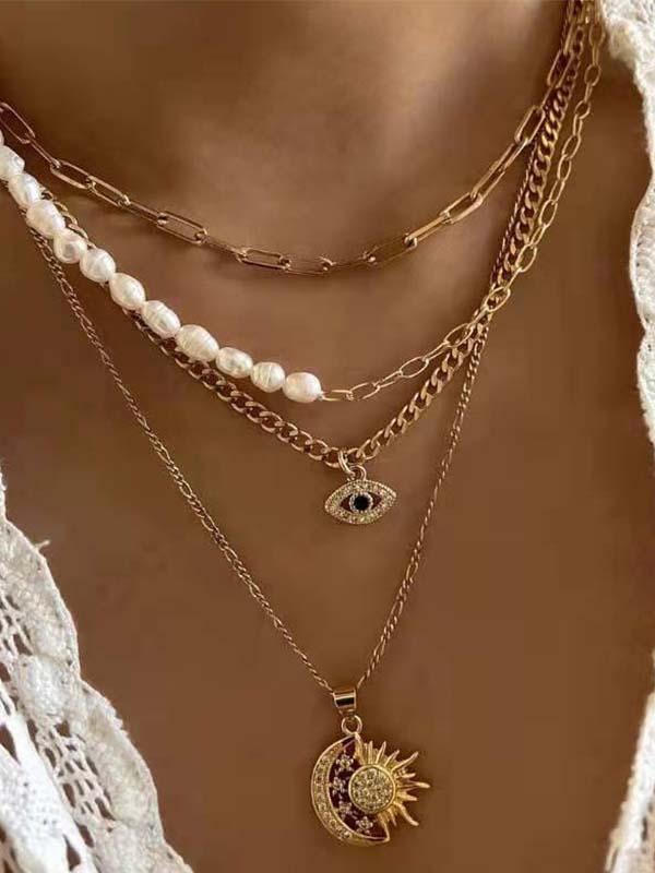 Gold Plated Pearl Eyes Multilayer Necklace