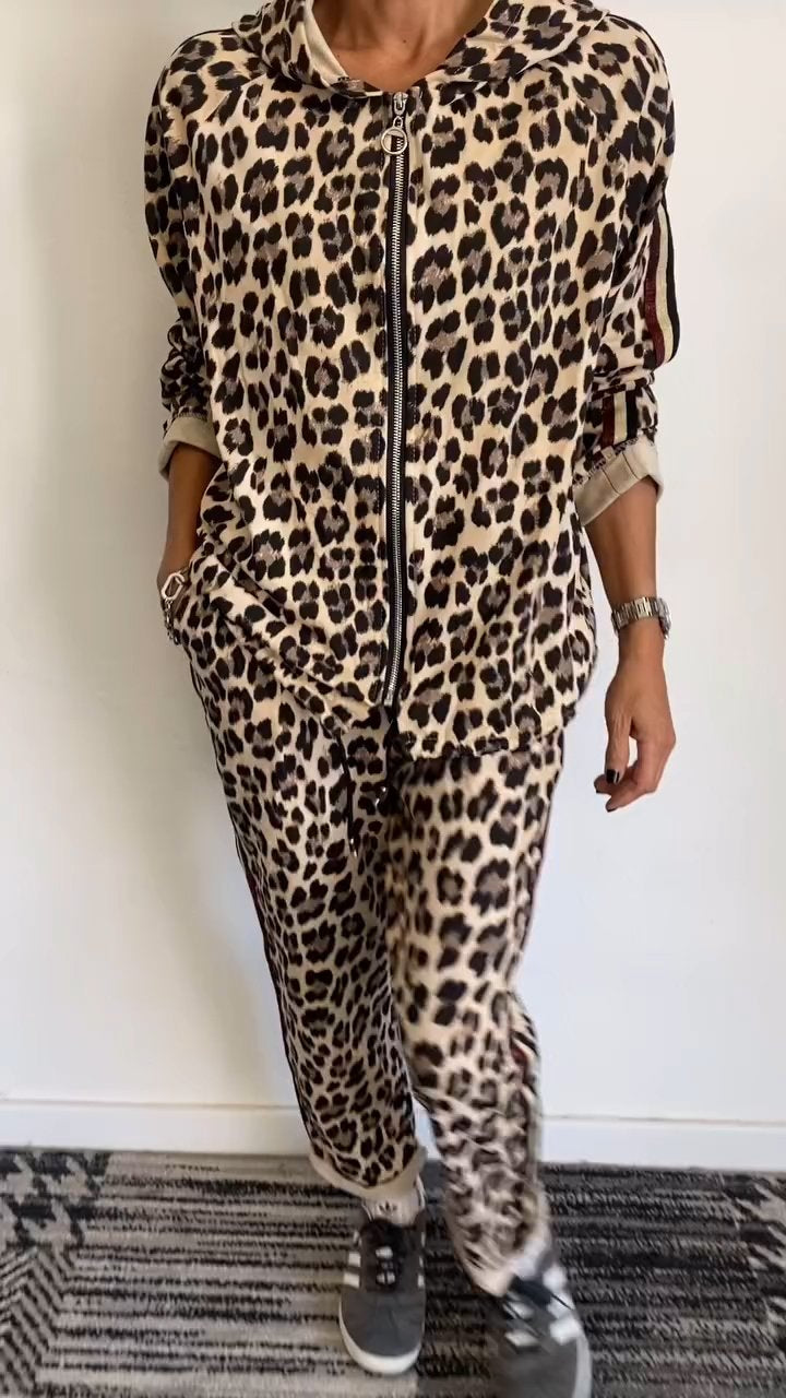 Hooded Long-sleeved Leopard Print Casual Suit