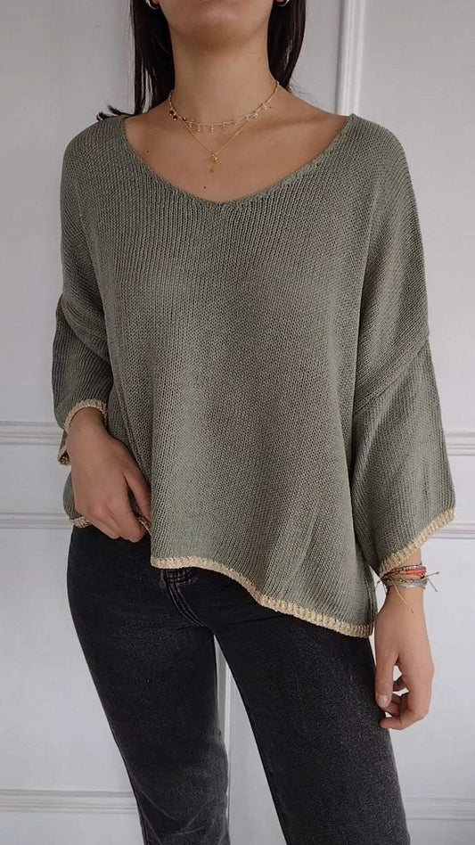 Women's V-neck Knitted Mid-length Sleeve Casual Top