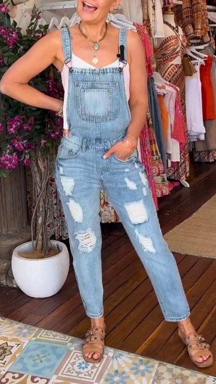 Women's Denim Ripped Casual Overalls