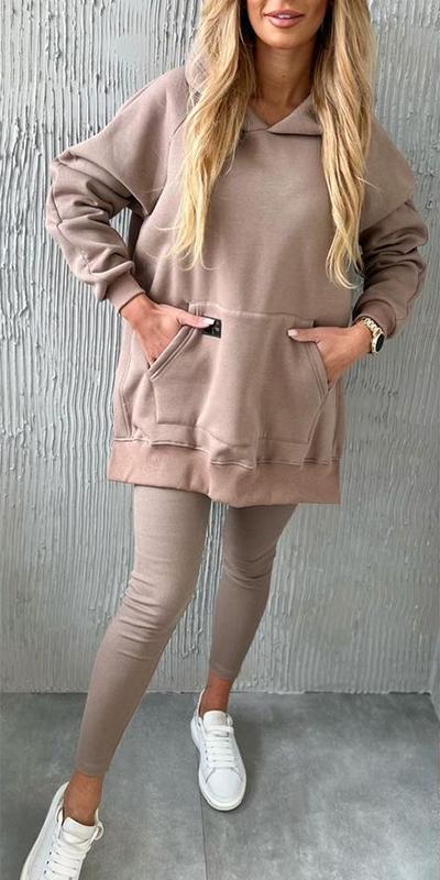 Women's Hooded Solid Color Sports Sweatshirt Two-piece Suit