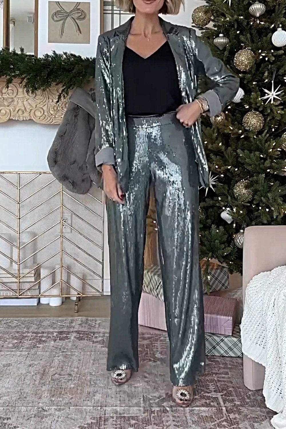 Women's Fashion Sequined Jacket & Pants Two-piece Set