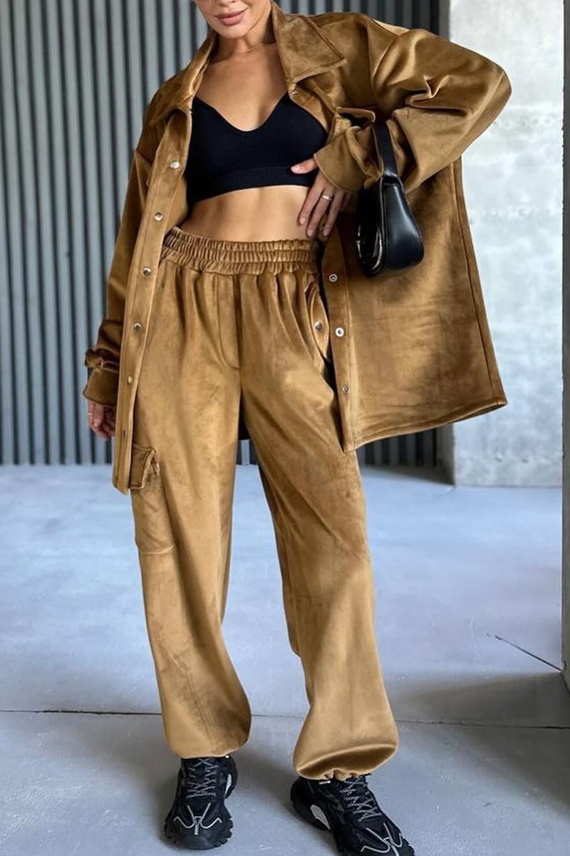 Women's Casual Solid Color Velvet Two-piece Pants Suit