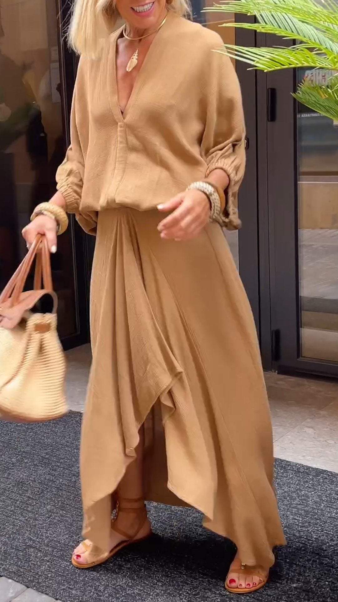 Women's V-neck Mid-sleeve Cotton and Linen Casual Suit Skirt