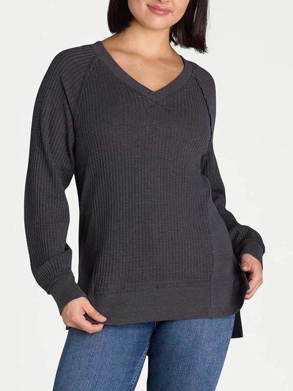 Women's V-neck Solid Color Waffle Top