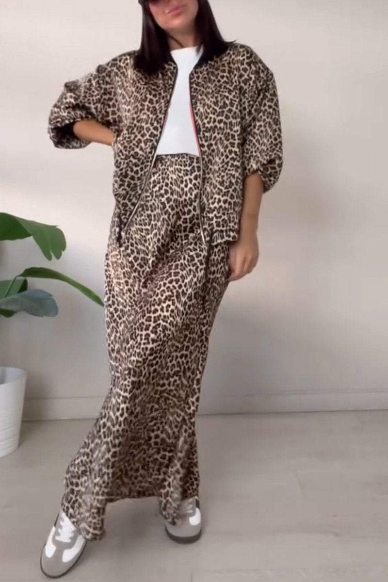 Women's Casual Round-neck Zipper Leopard Printed Two-piece Suit