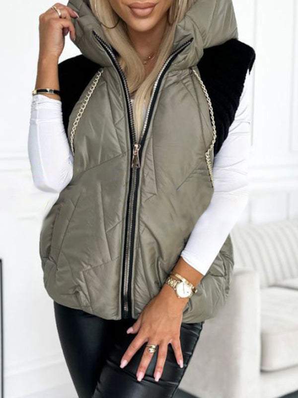 Women's Hooded Knitted Patchwork Sleeveless Casual Cotton Coat