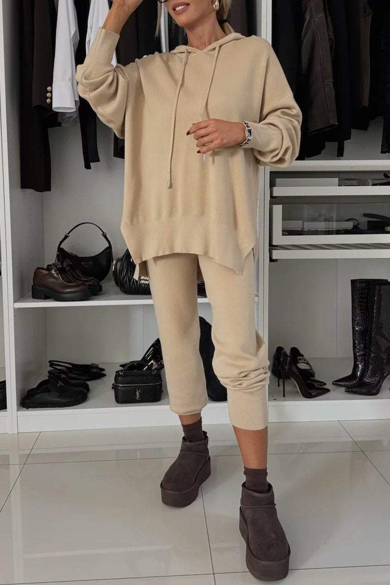 Women's Solid Color Casual Loose Hooded Side Open Hoodie Set