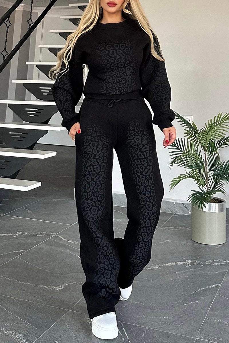 Women's Round Neck Opera Leopard Print Casual Sweatshirt Suit