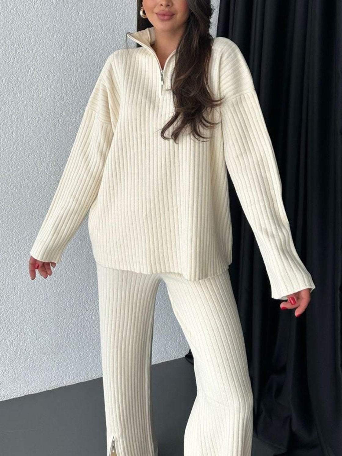 Autumn Solid Color Zipper Knitted Pants Suit