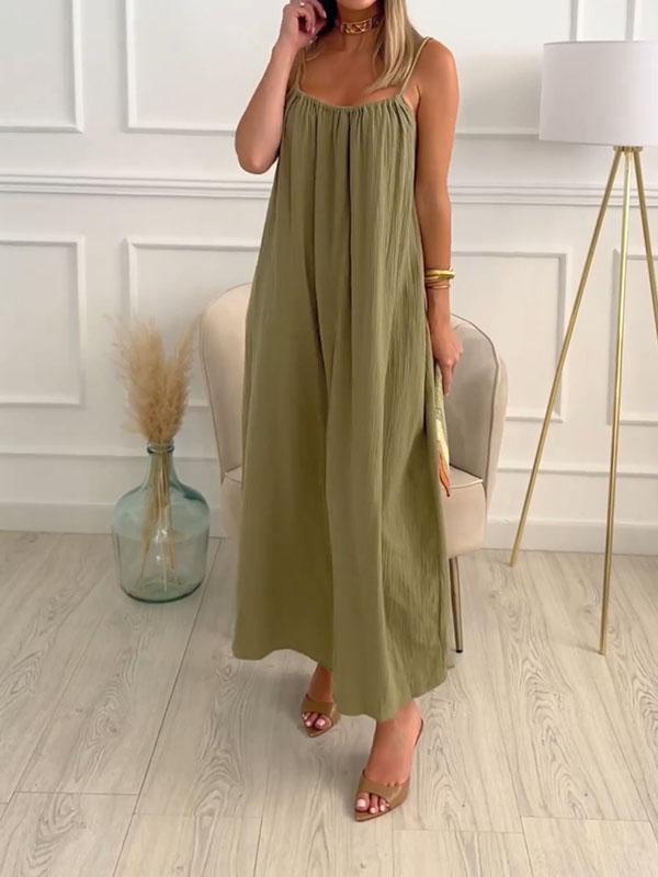 Solid Color Round Neck Cotton and Linen Dress