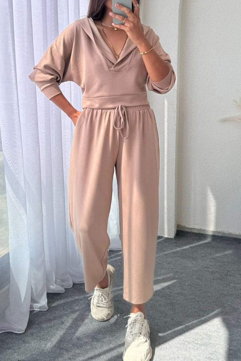 Women's Casual V-neck Hooded Two-piece Suit