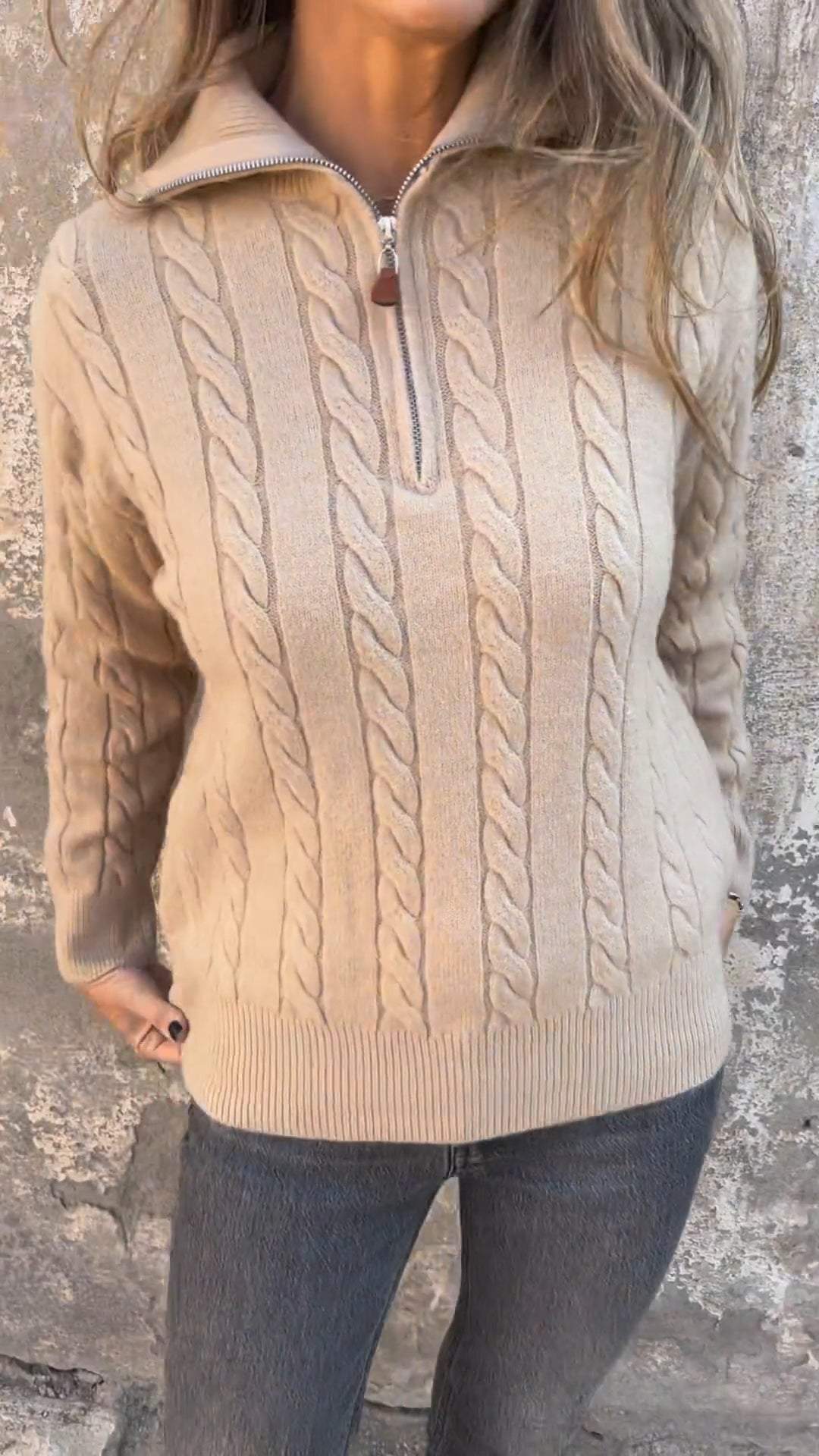 Ladies Half Zipper Lapel Long Sleeve Autumn Knitted Casual Top