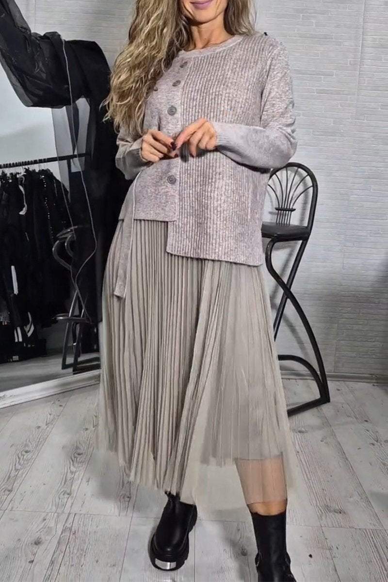 Women's Round Neck Sweater + Pleated Dress Two-piece Set