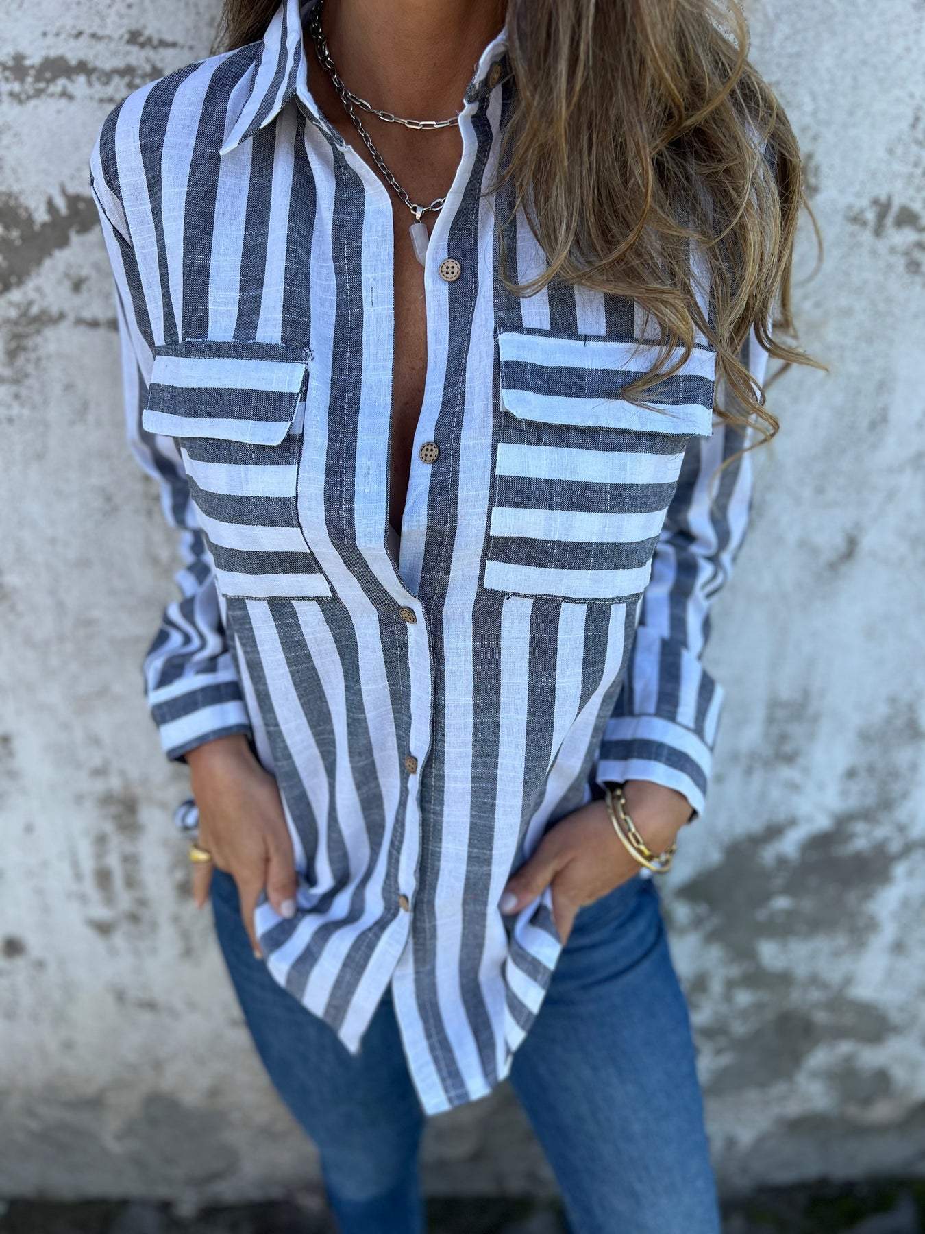 Women's Lapel Long Sleeve Striped Casual Shirt