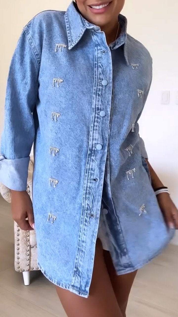 Women's Lapel Button-down Beaded Denim Shirt