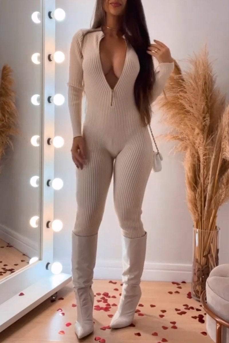 Women's Solid Color Zipper-tight Jumpsuit