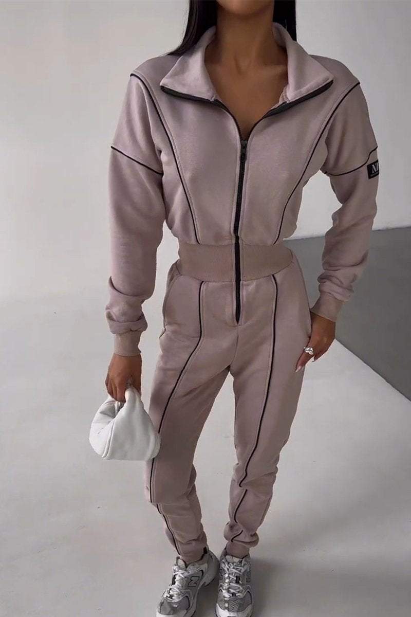 Women's Casual Lapel Half-zip Jumpsuit