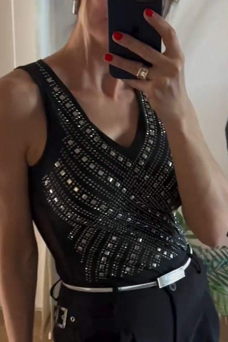 Women's Casual V-neck Rhinestone Sleeveless Jumpsuit