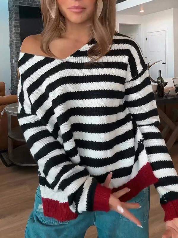 Women's V-neck Striped Sweater