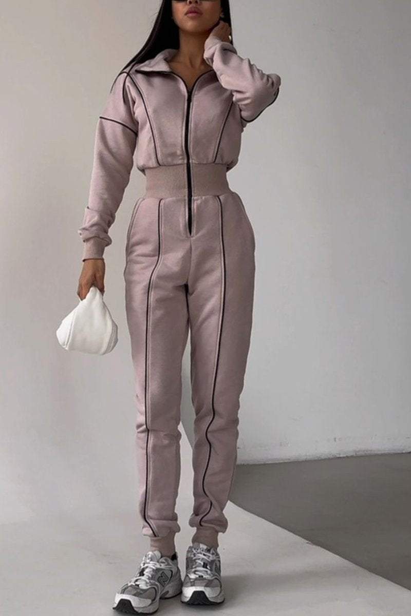 Women's Casual Lapel Half-zip Jumpsuit