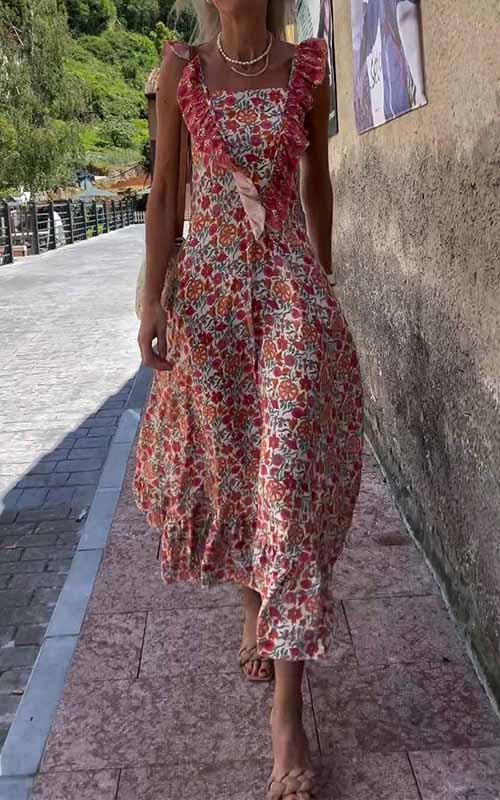 Women's Square Collar Floral Halter Dress