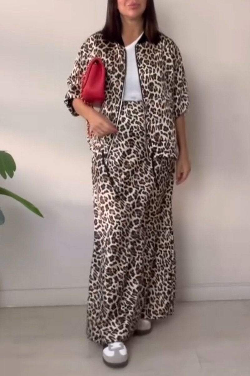 Women's Casual Round-neck Zipper Leopard Printed Two-piece Suit