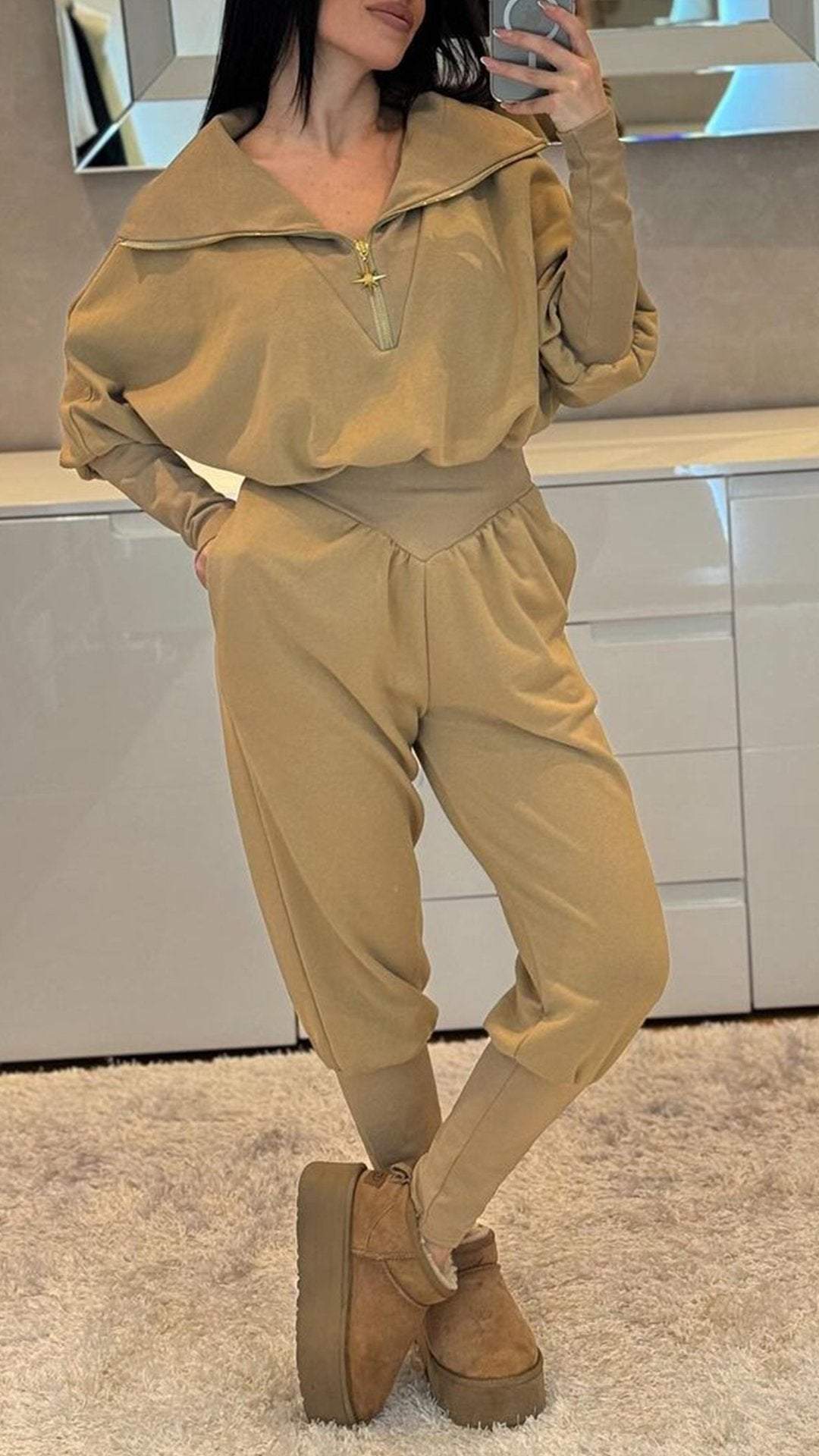 Ladies Lapel Half Zipper Long Sleeve Jumpsuit