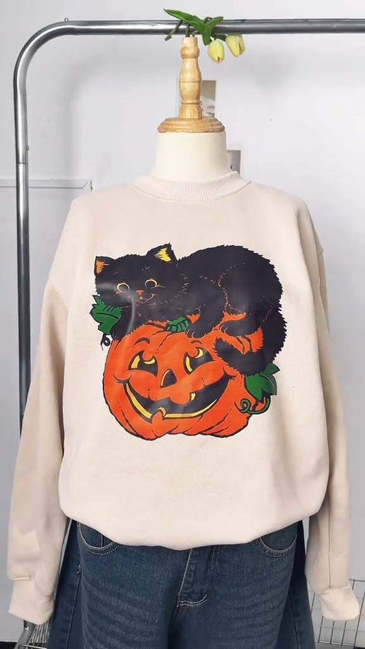 Halloween Women's Casual Pumpkin Cat Print Sweatshirt