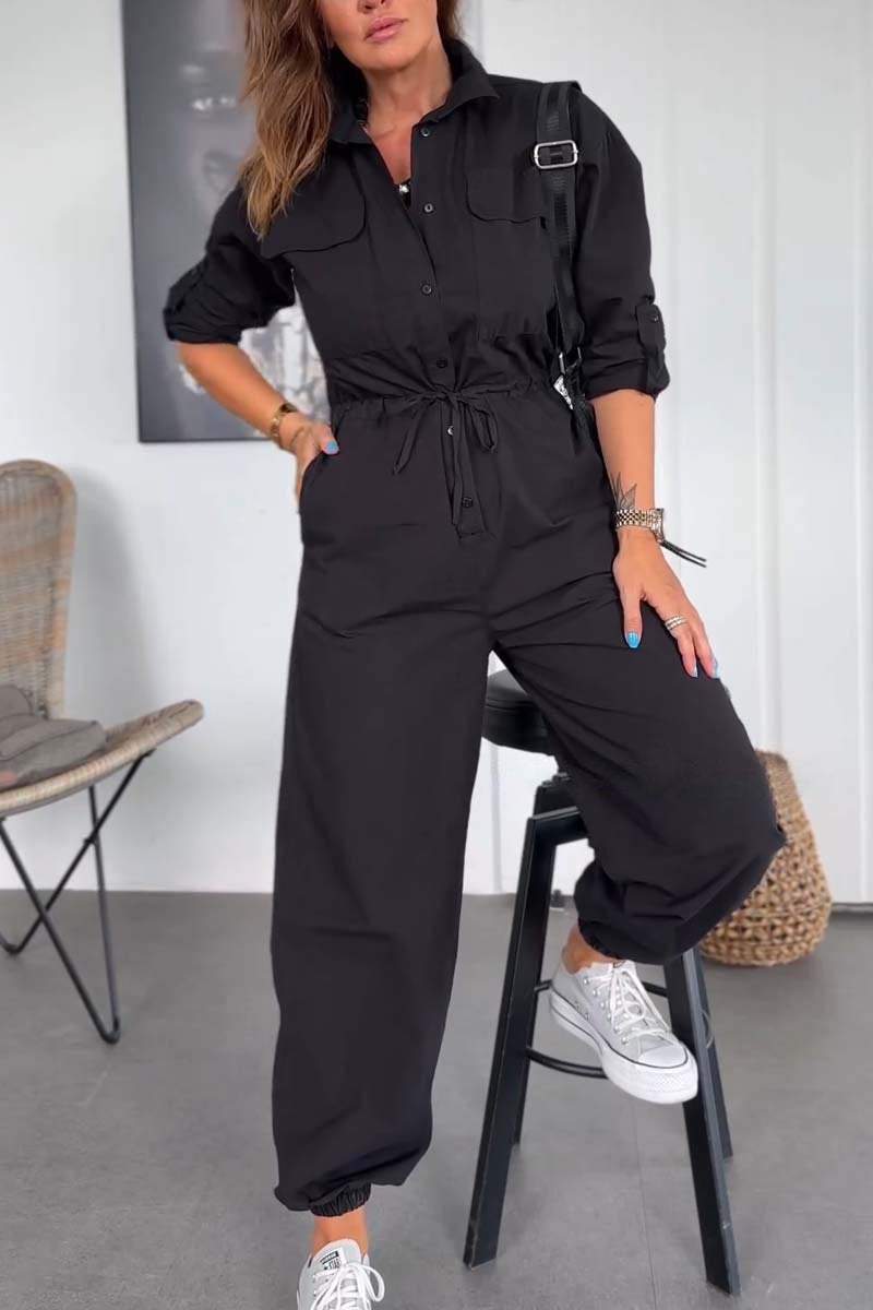 Women's Lapel Drawstring Jumpsuit