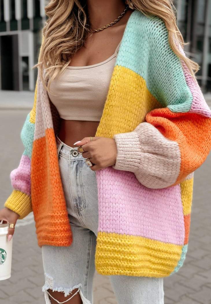 Women's Casual Colorful Contrast Knitted Cardigan