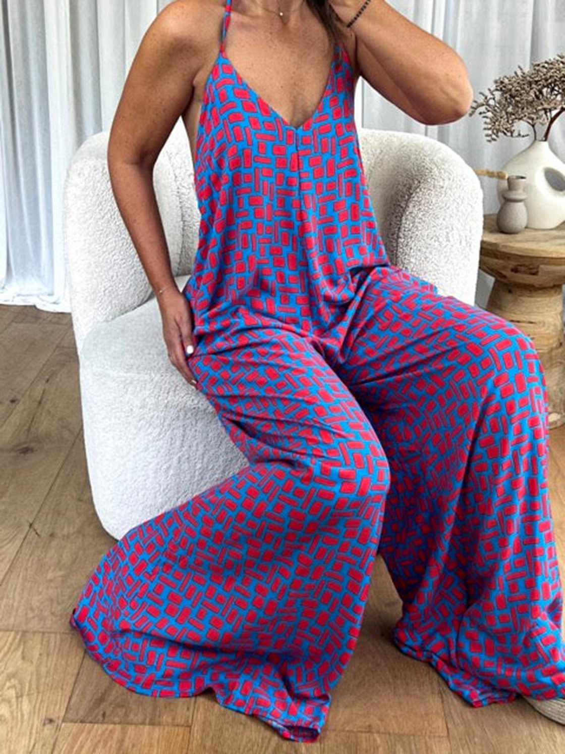 Women's Casual Printed Strappy Backless Jumpsuit