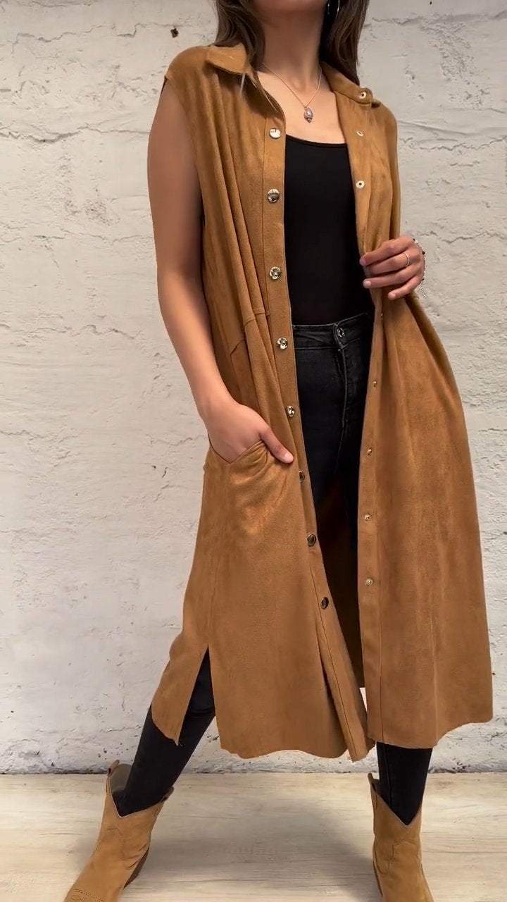 Women's Lapel Single Breasted Long Sleeveless Jacket