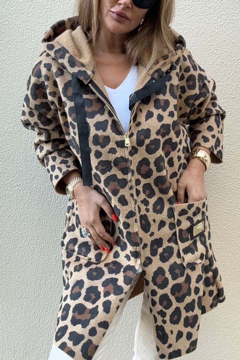 Women's Casual Loose Leopard Print Hooded Coat