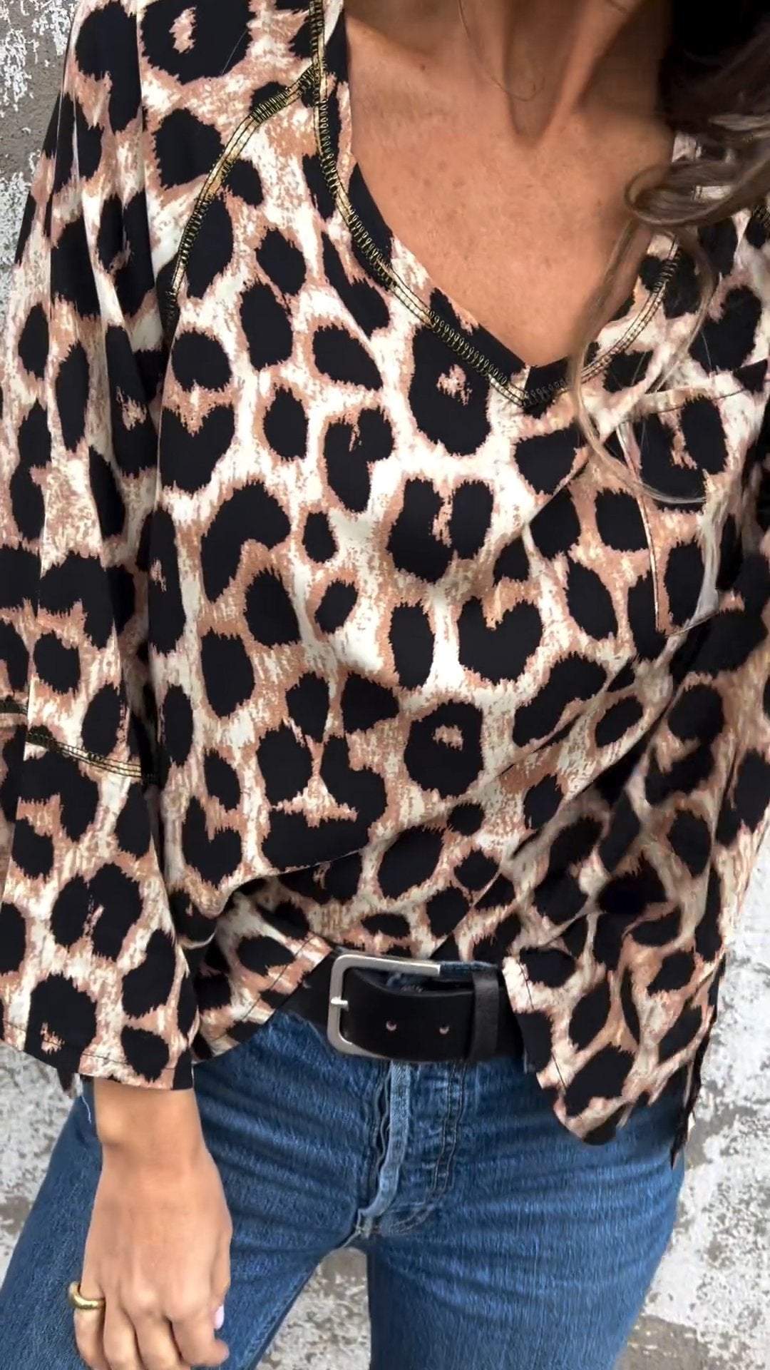 Women's V-neck Leopard Printed Long Sleeve Top