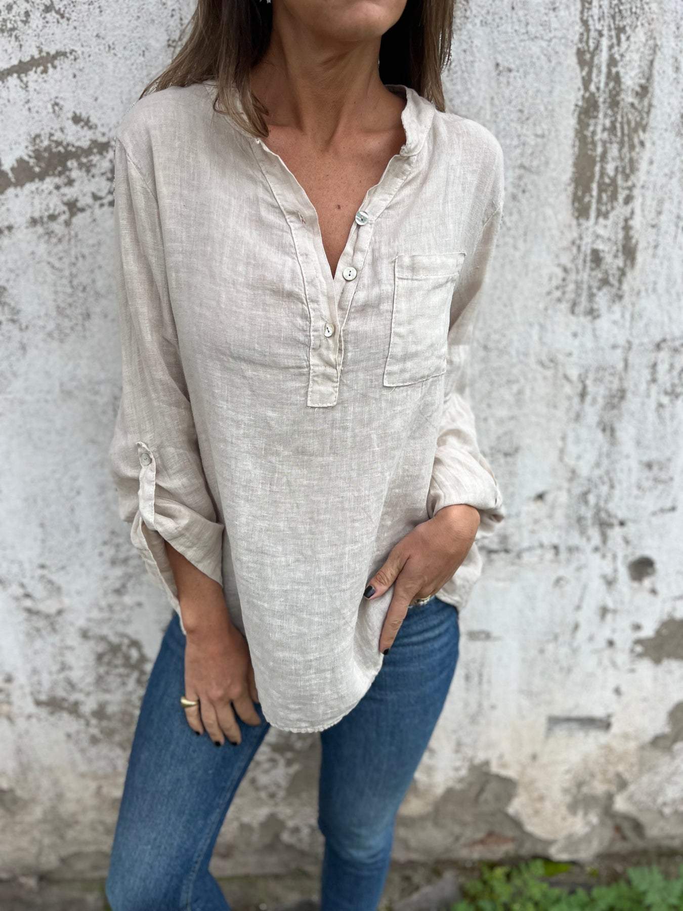 Women's Cotton and Linen V-neck Long-sleeved Casual Top