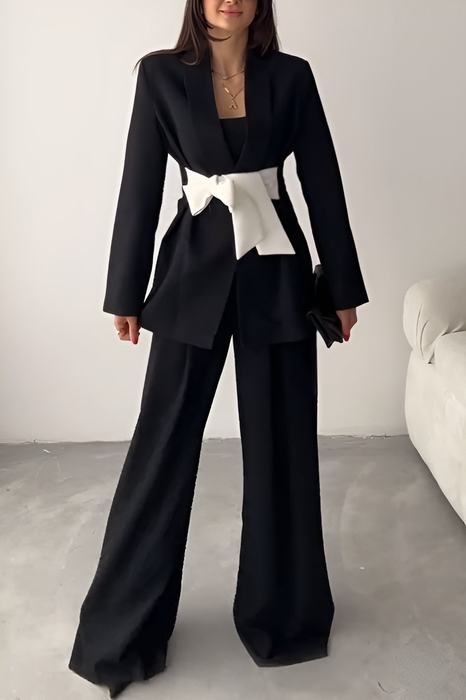 Women's Elegant Waist Tie Bow Pants Suit