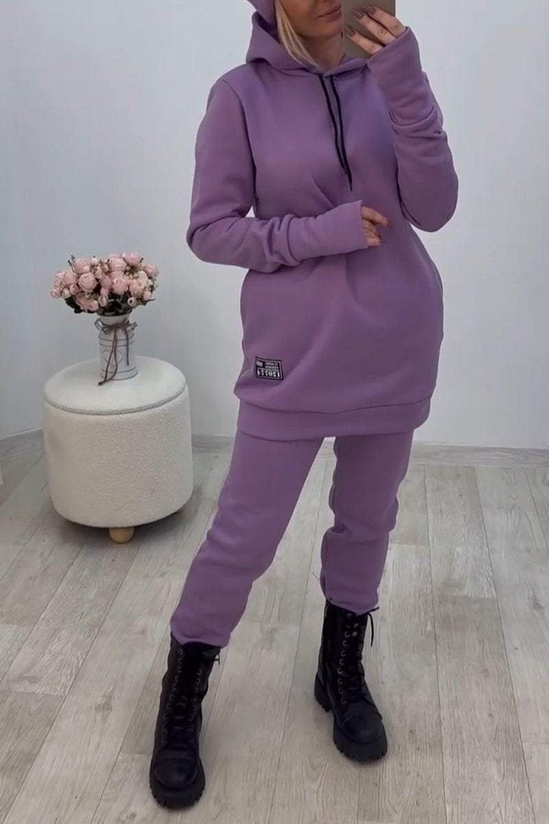 Women's Casual Hooded Solid Color Sweatshirt Two-piece Set