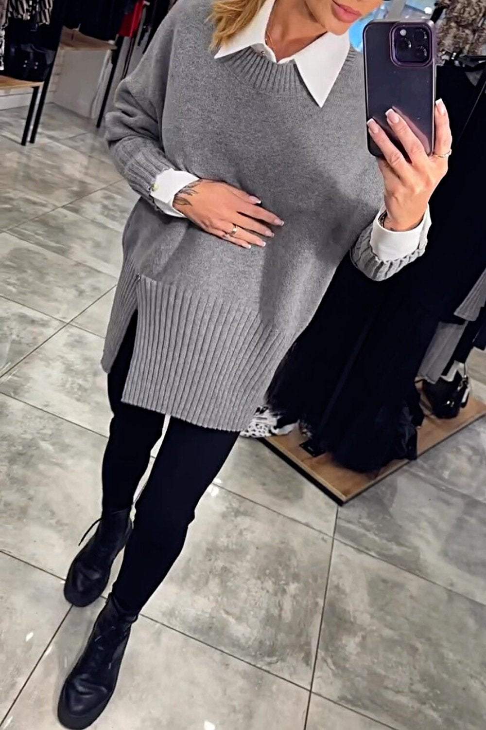 Women's Solid Color Slit Sweater Top