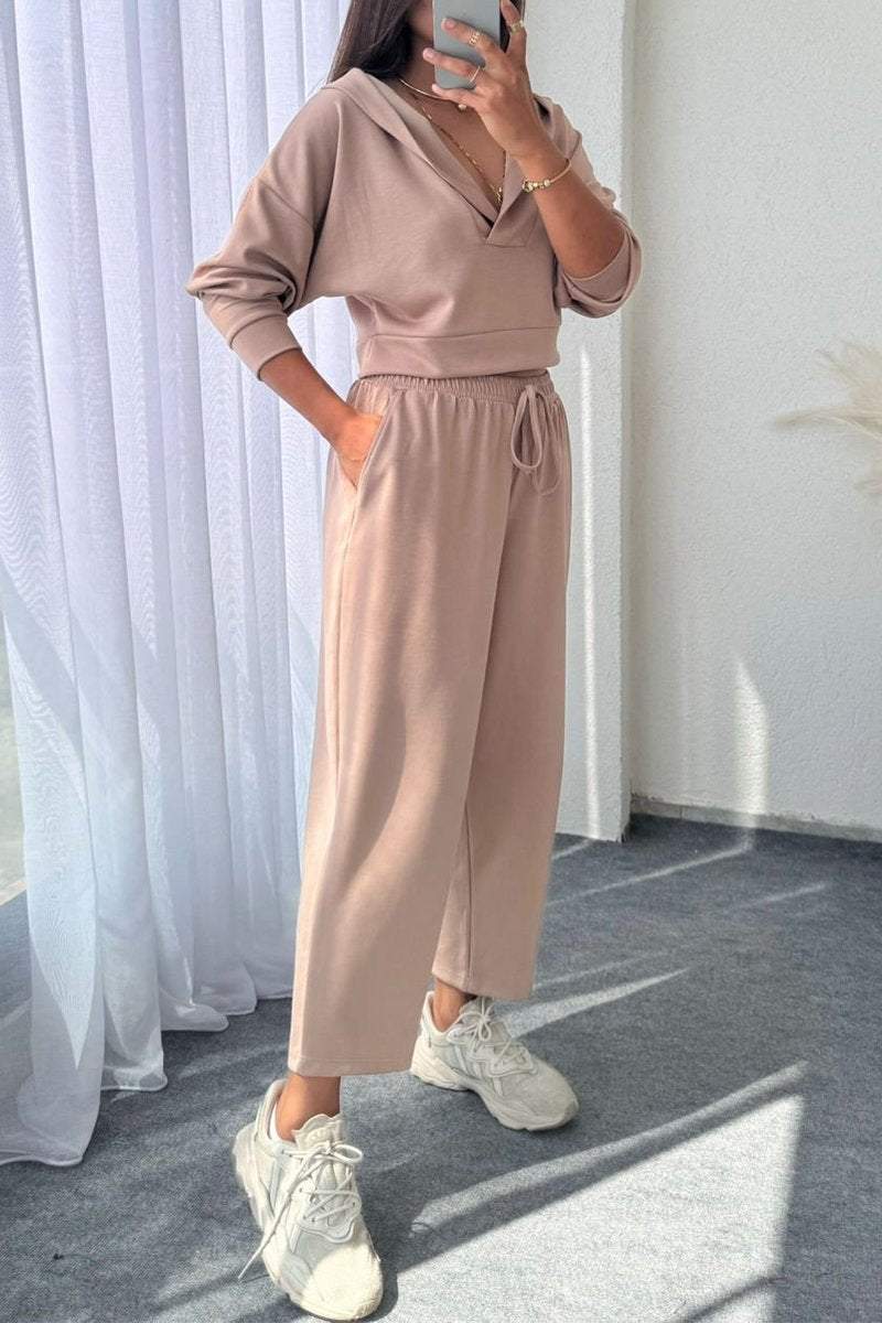 Women's Casual V-neck Hooded Two-piece Suit