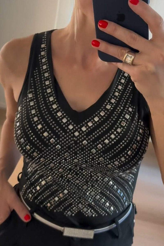 Women's Casual V-neck Rhinestone Sleeveless Jumpsuit