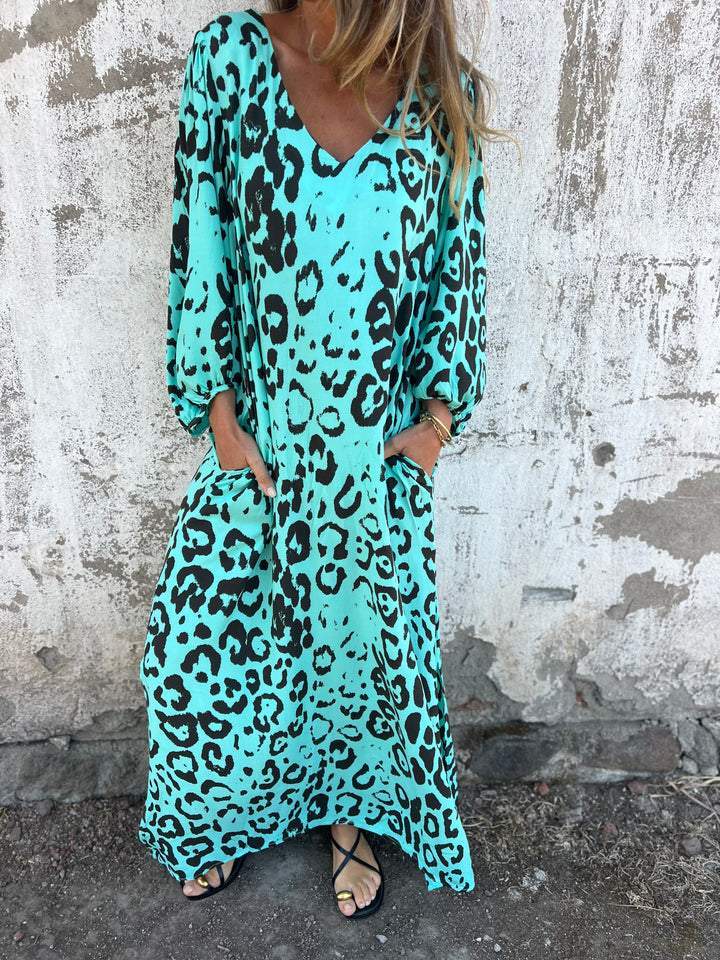 Women's V-neck Long-sleeved Leopard Print Dress