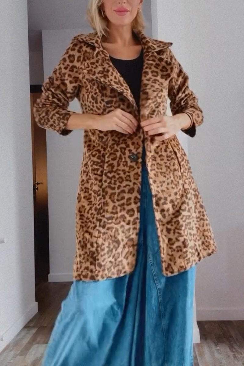 Women's Casual Lapel Mid-length Leopard Print Coat