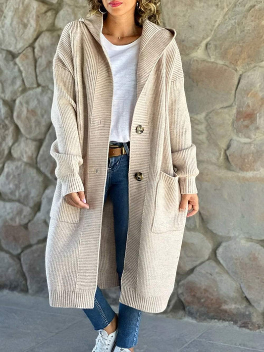 Women's Solid Color Knitted Sweater Hooded Long Coat