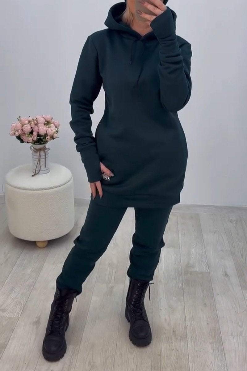 Women's Casual Hooded Solid Color Sweatshirt Two-piece Set