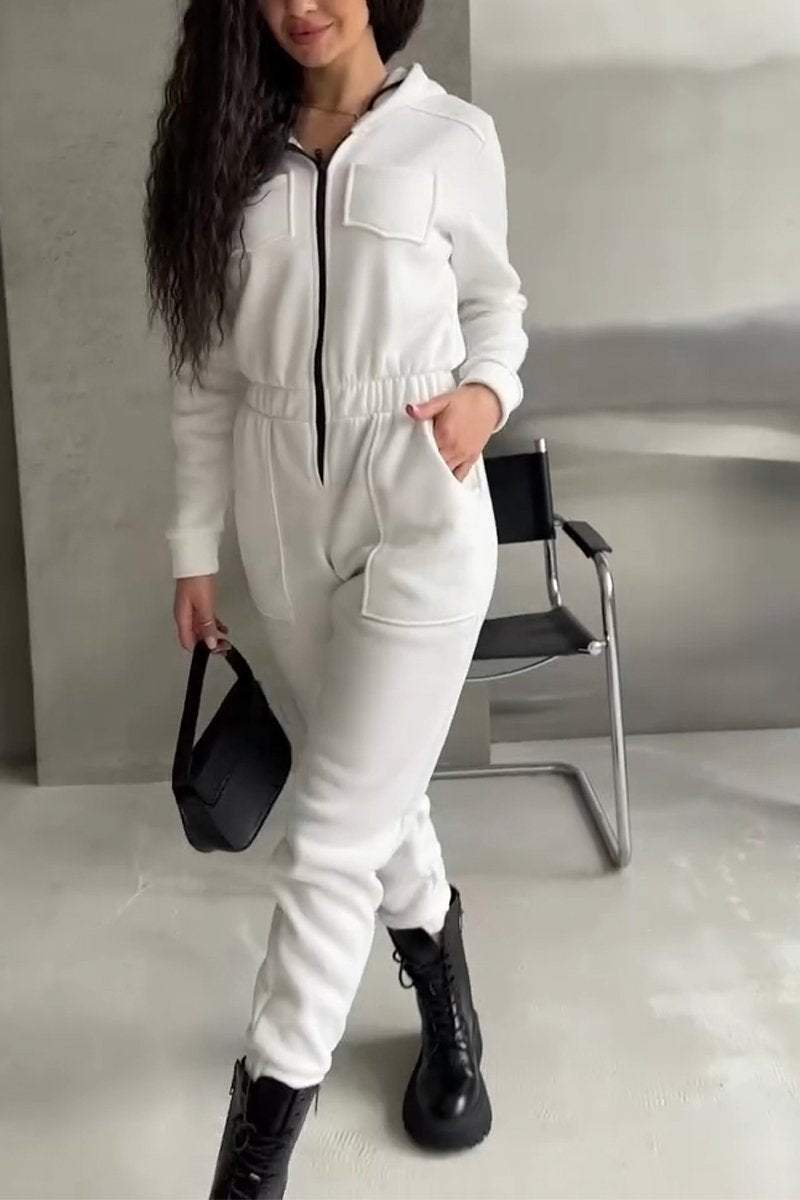 Women's Casual Hooded Half-zip Solid Color Jumpsuit