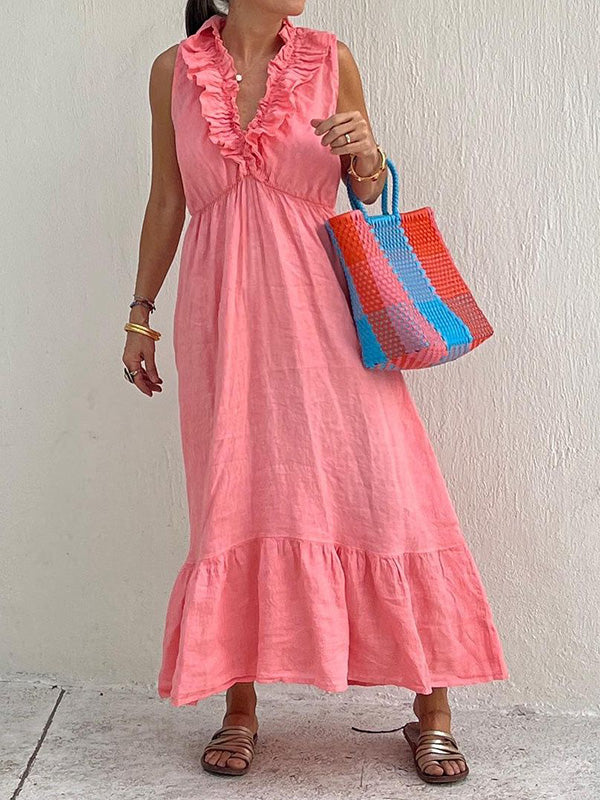 Ruffled neckline solid color cotton and linen dress