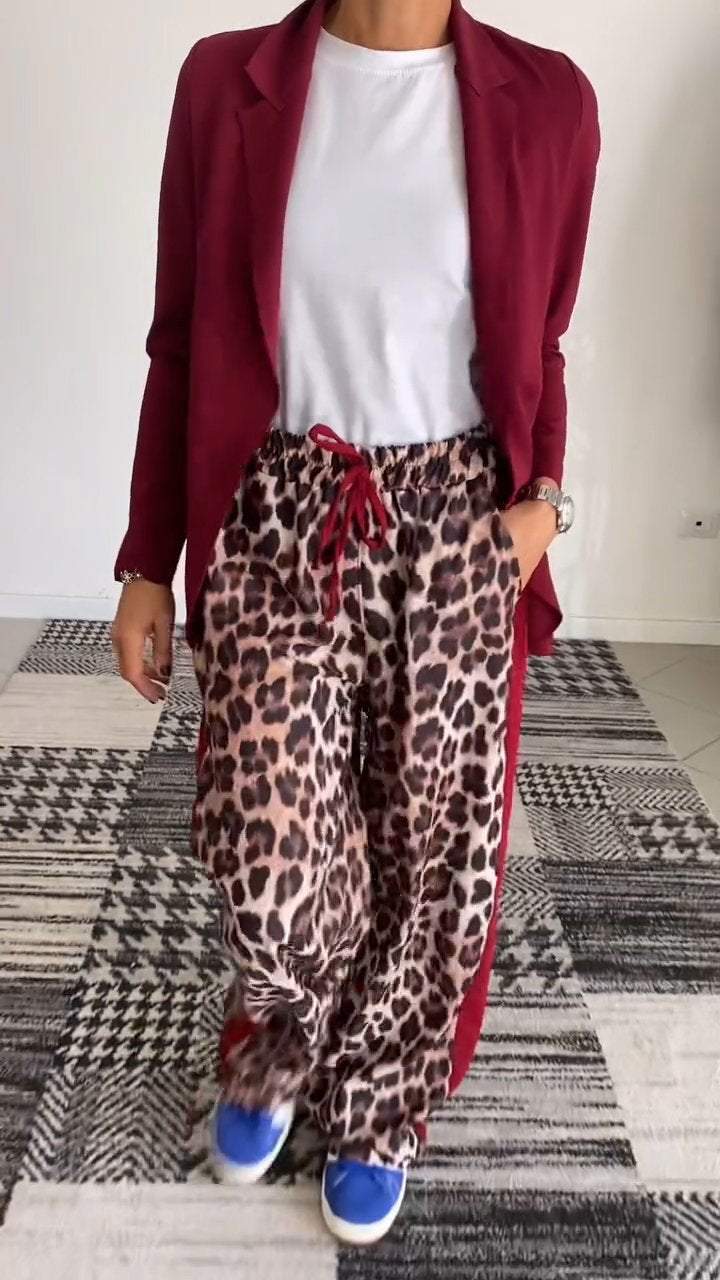 Women's Solid Color Suit Jacket Leopard Pant Suit